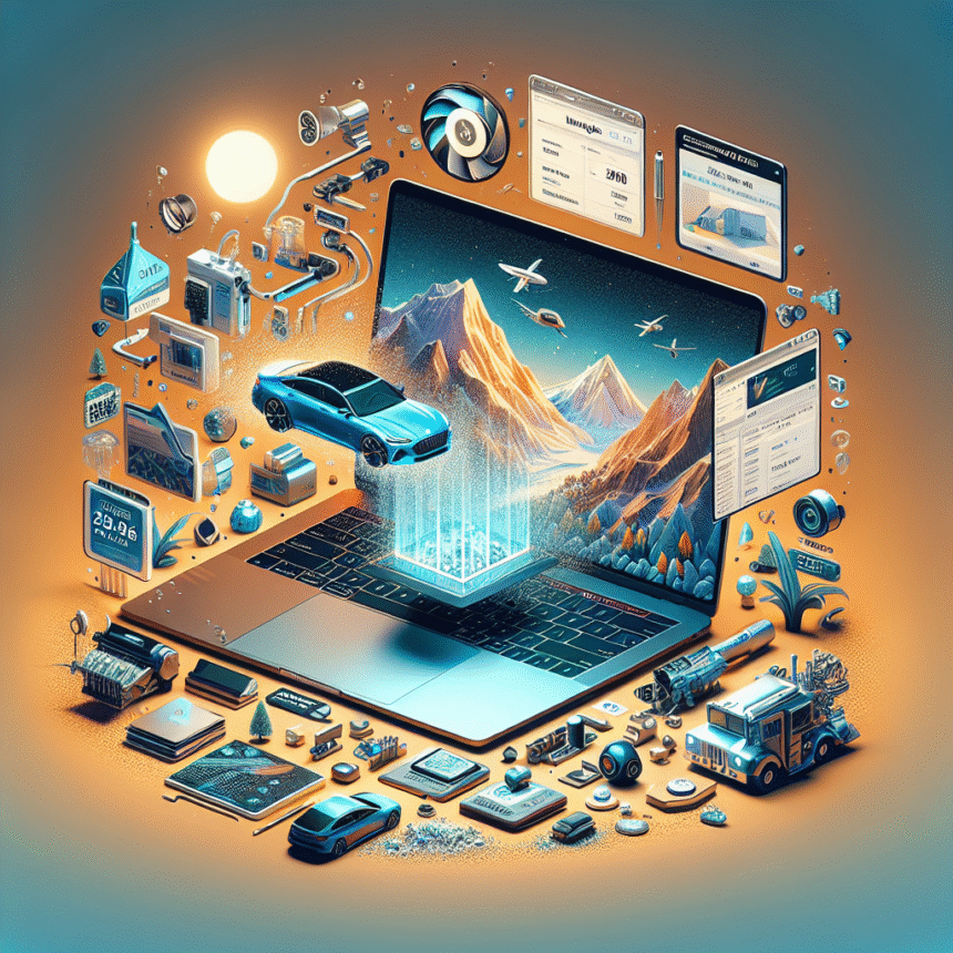 En futuristisk laptop viser et bjerglandskab omgivet af flydende elementer som fly, biler, smarte enheder, diagrammer, pakker og elektroniske komponenter, der symboliserer digital teknologi, logistik og opkobling. - Kunstig intelligens AI