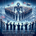 En futuristisk scene viser politikere og embedsmænd, der står på hævede platforme omkring en stor robot og holder amerikanske flag, mens folk nedenunder bruger digitale enheder. Ulæselig, forvrænget tekst vises i bunden. - Kunstig intelligens AI
