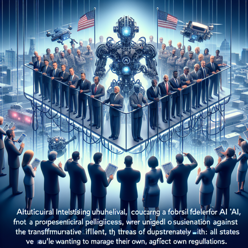 En futuristisk scene viser politikere og embedsmænd, der står på hævede platforme omkring en stor robot og holder amerikanske flag, mens folk nedenunder bruger digitale enheder. Ulæselig, forvrænget tekst vises i bunden. - Kunstig intelligens AI