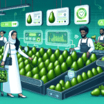 En kvinde i hvid kjole køber avocadoer i en højteknologisk købmandsbutik, omgivet af digitale skærme, der viser data om frugten. Butiksansatte hjælper til i nærheden, og scenen er levende og futuristisk. - Kunstig intelligens AI