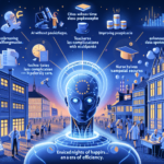 En futuristisk AI-robot står på et torv omgivet af svævende ikoner og mennesker. Tekstbobler beskriver AI's fordele som datasikkerhed, effektivitet og støtte til lærere. Scenen er levende og indeholder glødende, digitale elementer. - Kunstig intelligens AI