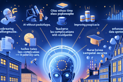En futuristisk AI-robot står på et torv omgivet af svævende ikoner og mennesker. Tekstbobler beskriver AI's fordele som datasikkerhed, effektivitet og støtte til lærere. Scenen er levende og indeholder glødende, digitale elementer. - Kunstig intelligens AI