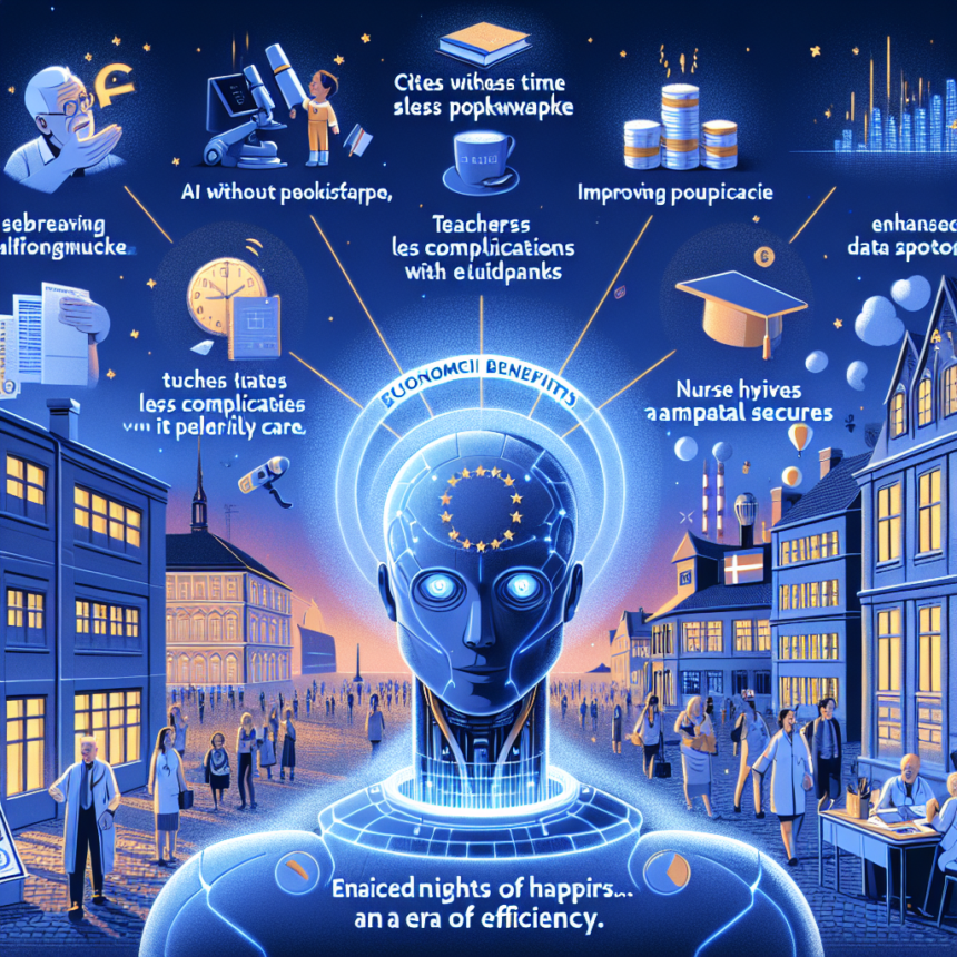 En futuristisk AI-robot står på et torv omgivet af svævende ikoner og mennesker. Tekstbobler beskriver AI's fordele som datasikkerhed, effektivitet og støtte til lærere. Scenen er levende og indeholder glødende, digitale elementer. - Kunstig intelligens AI