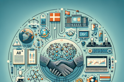 En cirkulær infografik viser to robothænder, der ryster i midten, omgivet af AI-, data-, teknologi- og videnskabsikoner, diagrammer, laboratorieudstyr, flag og sammenkoblede digitale elementer på en blågrøn baggrund. - Kunstig intelligens AI