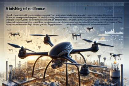 Et futuristisk bybillede med avancerede fabrikker og flyvende droner dominerer scenen. En stor sort drone svæver i forgrunden over højteknologiske bygninger, mens mindre droner og industrielle strukturer fylder det travle, innovative miljø. - Kunstig intelligens AI