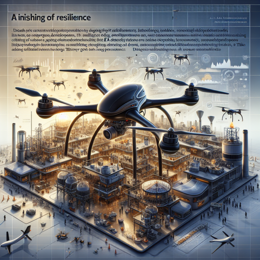 Et futuristisk bybillede med avancerede fabrikker og flyvende droner dominerer scenen. En stor sort drone svæver i forgrunden over højteknologiske bygninger, mens mindre droner og industrielle strukturer fylder det travle, innovative miljø. - Kunstig intelligens AI