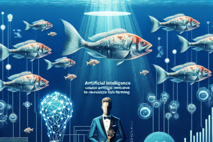 En mand i jakkesæt står under vandet og holder et trofæ, omgivet af digitale fisk, kredsløb og en AI-hjernestruktur. Teksten lyder: Kunstig intelligens skal revolutionere fiskeopdræt. Futuristiske akvarier ses i baggrunden. - Kunstig intelligens AI