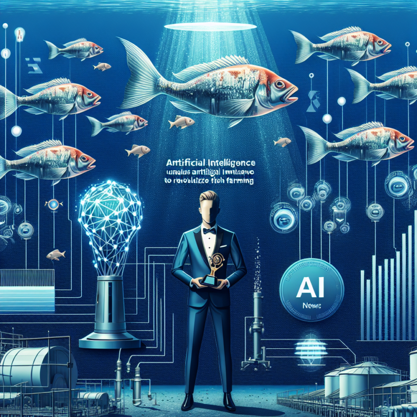 En mand i jakkesæt står under vandet og holder et trofæ, omgivet af digitale fisk, kredsløb og en AI-hjernestruktur. Teksten lyder: Kunstig intelligens skal revolutionere fiskeopdræt. Futuristiske akvarier ses i baggrunden. - Kunstig intelligens AI