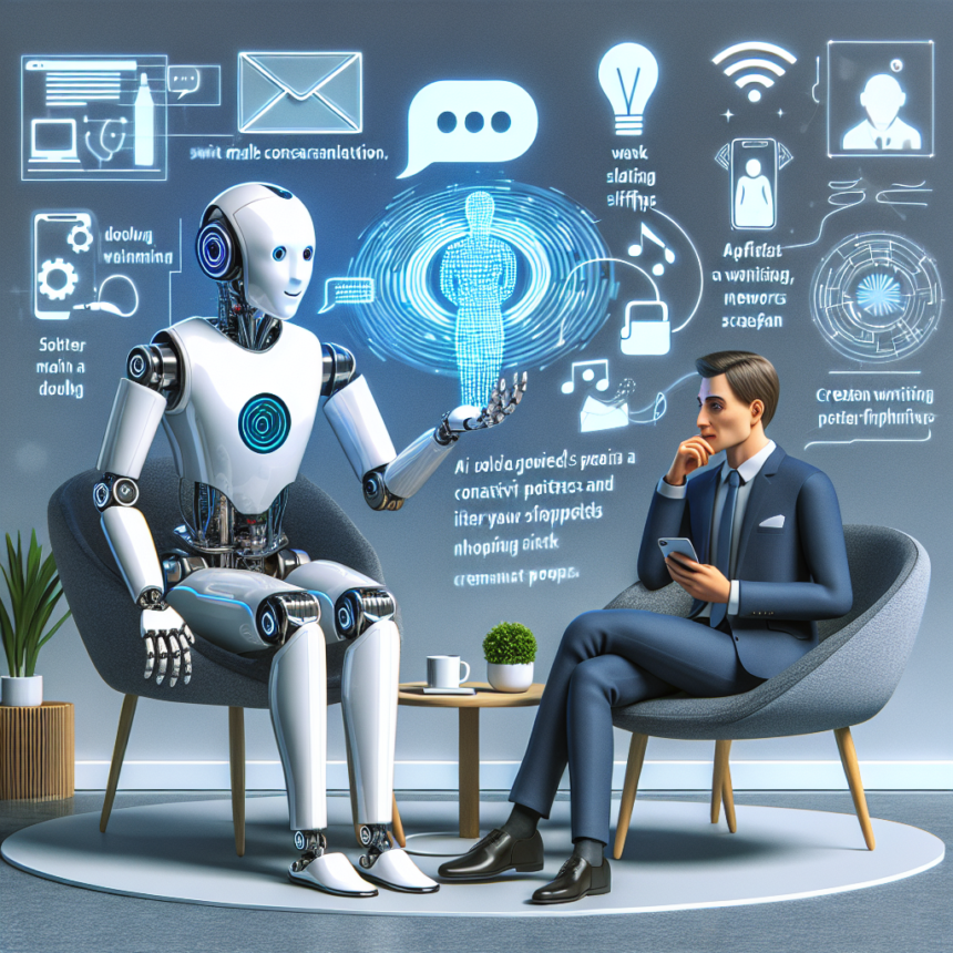 En humanoid robot og en mand i jakkesæt sidder over for hinanden i moderne stole og fører en samtale. Futuristiske digitale ikoner og dataprojektioner omgiver dem og symboliserer teknologi og kunstig intelligens. - Kunstig intelligens AI