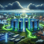 Et futuristisk bybillede med glødende, højteknologiske bygninger og neongrønne energistrømme, der forbinder dem. Vindmøller og højspændingsledninger omgiver området og symboliserer bæredygtig teknologi og digital opkobling. - Kunstig intelligens AI