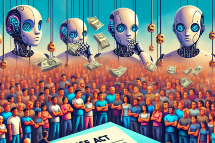 En menneskemængde ser på, mens store robotter uddeler penge fra oven, mens folk samles om et gigantisk dokument med påskriften RAISE ACT, som underskrives af forretningsfolk og embedsmænd. - Kunstig intelligens AI