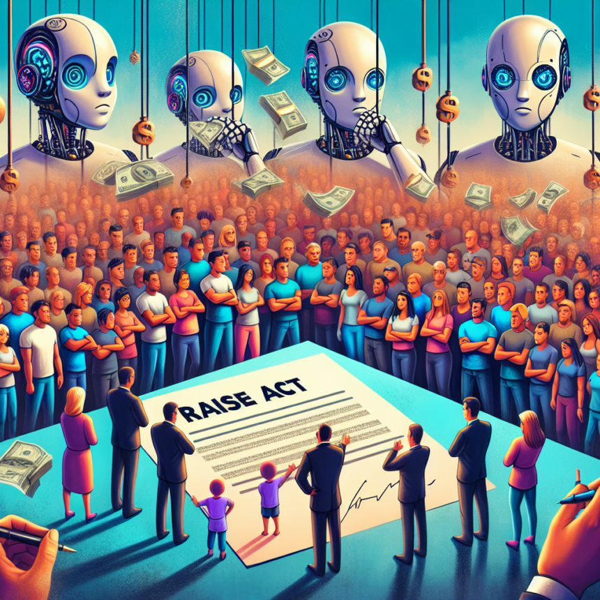 En menneskemængde ser på, mens store robotter uddeler penge fra oven, mens folk samles om et gigantisk dokument med påskriften RAISE ACT, som underskrives af forretningsfolk og embedsmænd. - Kunstig intelligens AI