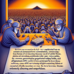 En surrealistisk illustration viser to ældre lærde, der diskuterer ved et bord med en stor menneskemængde, der ser på, og en pyramide i det fjerne. I forgrunden ses en stor åben bog fyldt med meningsløs, rodet tekst. - Kunstig intelligens AI