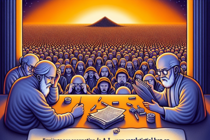 En surrealistisk illustration viser to ældre lærde, der diskuterer ved et bord med en stor menneskemængde, der ser på, og en pyramide i det fjerne. I forgrunden ses en stor åben bog fyldt med meningsløs, rodet tekst. - Kunstig intelligens AI