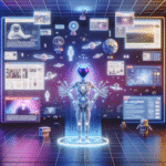 En futuristisk robot står i et digitalt gitterrum, omgivet af flydende nyhedsskærme, planeter og dataikoner, der symboliserer kunstig intelligens, der behandler og håndterer store mængder information og medier. - Kunstig intelligens AI
