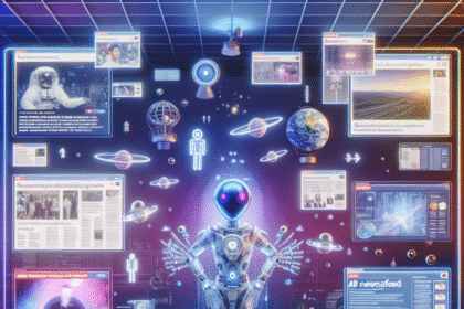 En futuristisk robot står i et digitalt gitterrum, omgivet af flydende nyhedsskærme, planeter og dataikoner, der symboliserer kunstig intelligens, der behandler og håndterer store mængder information og medier. - Kunstig intelligens AI