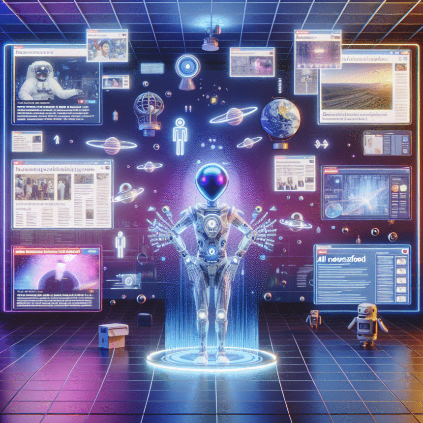 En futuristisk robot står i et digitalt gitterrum, omgivet af flydende nyhedsskærme, planeter og dataikoner, der symboliserer kunstig intelligens, der behandler og håndterer store mængder information og medier. - Kunstig intelligens AI