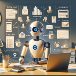 En humanoid robot sidder ved et skrivebord med en bærbar computer, omgivet af flydende ikoner og diagrammer, der viser opgaver som at sortere e-mails, styre tidsplaner og forberede data, hvilket symboliserer digital produktivitet og organisation. - Kunstig intelligens AI