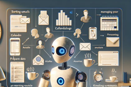 En humanoid robot sidder ved et skrivebord med en bærbar computer, omgivet af flydende ikoner og diagrammer, der viser opgaver som at sortere e-mails, styre tidsplaner og forberede data, hvilket symboliserer digital produktivitet og organisation. - Kunstig intelligens AI