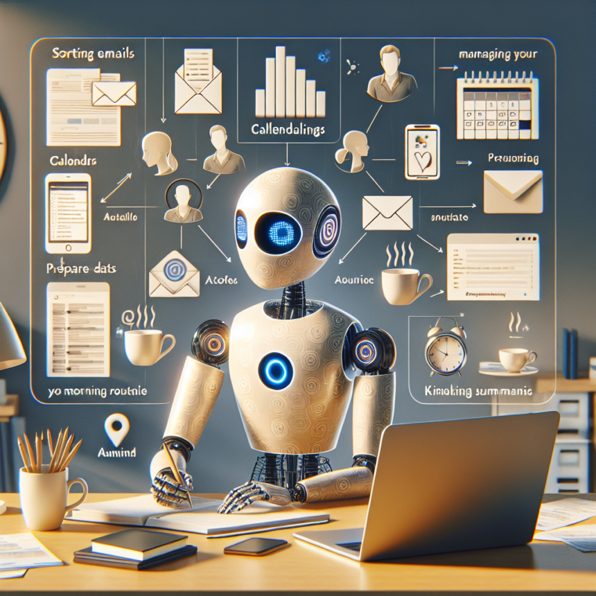 En humanoid robot sidder ved et skrivebord med en bærbar computer, omgivet af flydende ikoner og diagrammer, der viser opgaver som at sortere e-mails, styre tidsplaner og forberede data, hvilket symboliserer digital produktivitet og organisation. - Kunstig intelligens AI