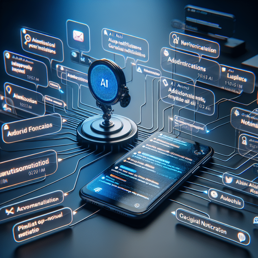 En smartphone forbindes til en central AI-enhed med lysende datastrømme og flydende notifikationsikoner, som repræsenterer kunstig intelligens, der håndterer notifikationer og kommunikation. - Kunstig intelligens AI