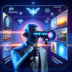 En futuristisk humanoid figur med et wireframe-ansigt kigger gennem et teleskop, omgivet af lysende digitale skærme, der viser teknologiikoner, diagrammer og data, som symboliserer avanceret digital analyse og kunstig intelligens. - Kunstig intelligens AI