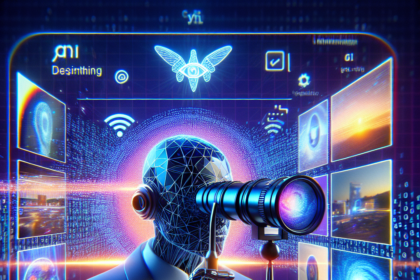 En futuristisk humanoid figur med et wireframe-ansigt kigger gennem et teleskop, omgivet af lysende digitale skærme, der viser teknologiikoner, diagrammer og data, som symboliserer avanceret digital analyse og kunstig intelligens. - Kunstig intelligens AI