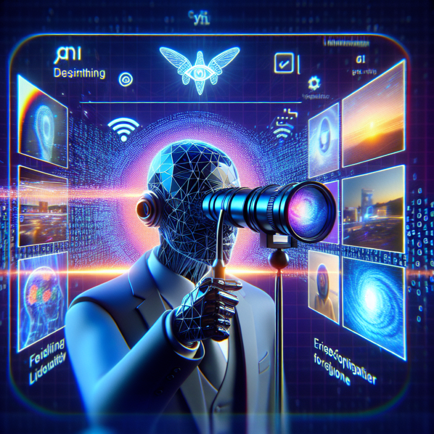 En futuristisk humanoid figur med et wireframe-ansigt kigger gennem et teleskop, omgivet af lysende digitale skærme, der viser teknologiikoner, diagrammer og data, som symboliserer avanceret digital analyse og kunstig intelligens. - Kunstig intelligens AI