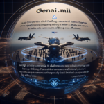 Et futuristisk AI-interface viser militære jetfly, en drone og soldater på en landingsbane med digitale tekstoverlejringer, der diskuterer implementering af AI, etiske bekymringer og militær effektivitet. Overskriften lyder "Genai.mil.". - Kunstig intelligens AI