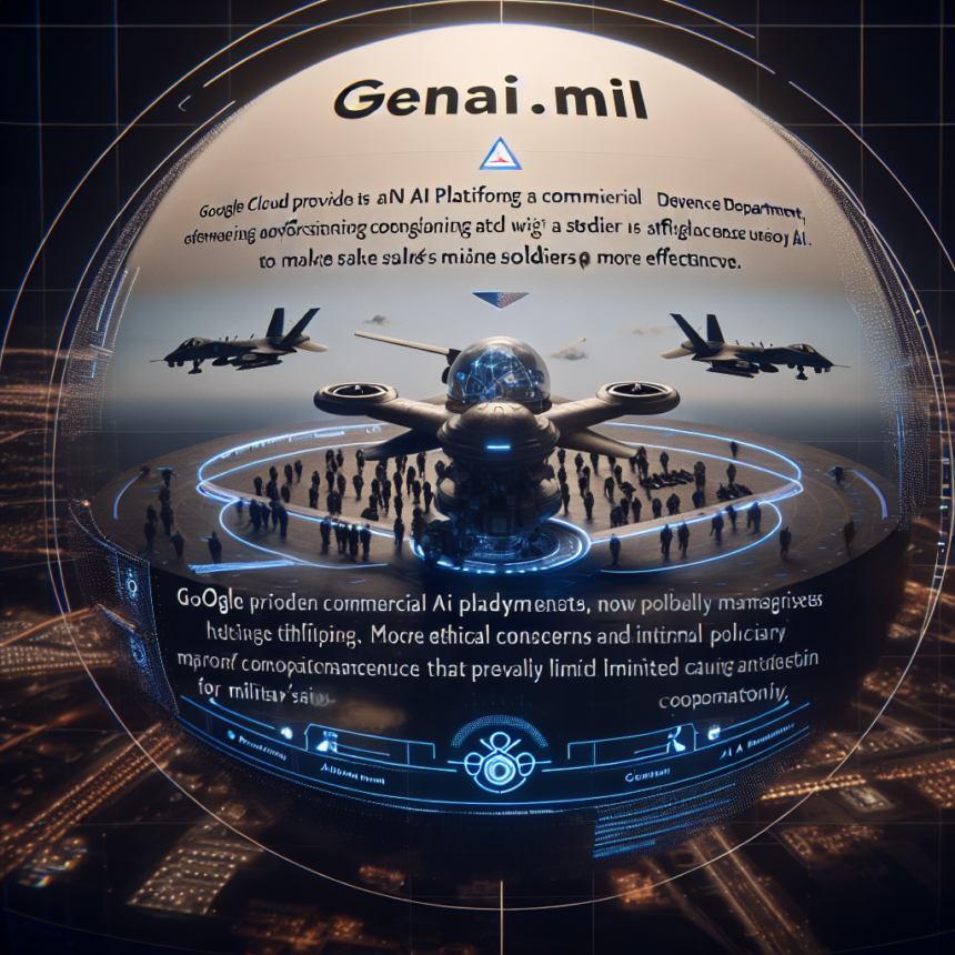 Et futuristisk AI-interface viser militære jetfly, en drone og soldater på en landingsbane med digitale tekstoverlejringer, der diskuterer implementering af AI, etiske bekymringer og militær effektivitet. Overskriften lyder "Genai.mil.". - Kunstig intelligens AI