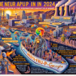 Et farverigt, futuristisk bybillede med robotter, et gigantisk Chrome-logo, avanceret teknologi og lysende neonskilte. Høje bygninger, satellitter og mennesker interagerer med forskere og kunstig intelligens under en orange-lilla himmel. - Kunstig intelligens AI