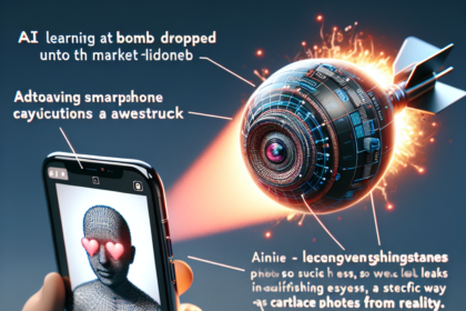 En smartphone viser en digital avatar med hjerteøjne, mens en futuristisk bombe med betegnelsen AI nærmer sig. Teksten fremhæver AI's indvirkning på fotoægthed, deepfakes og behovet for bedre afsløringsmetoder. - Kunstig intelligens AI