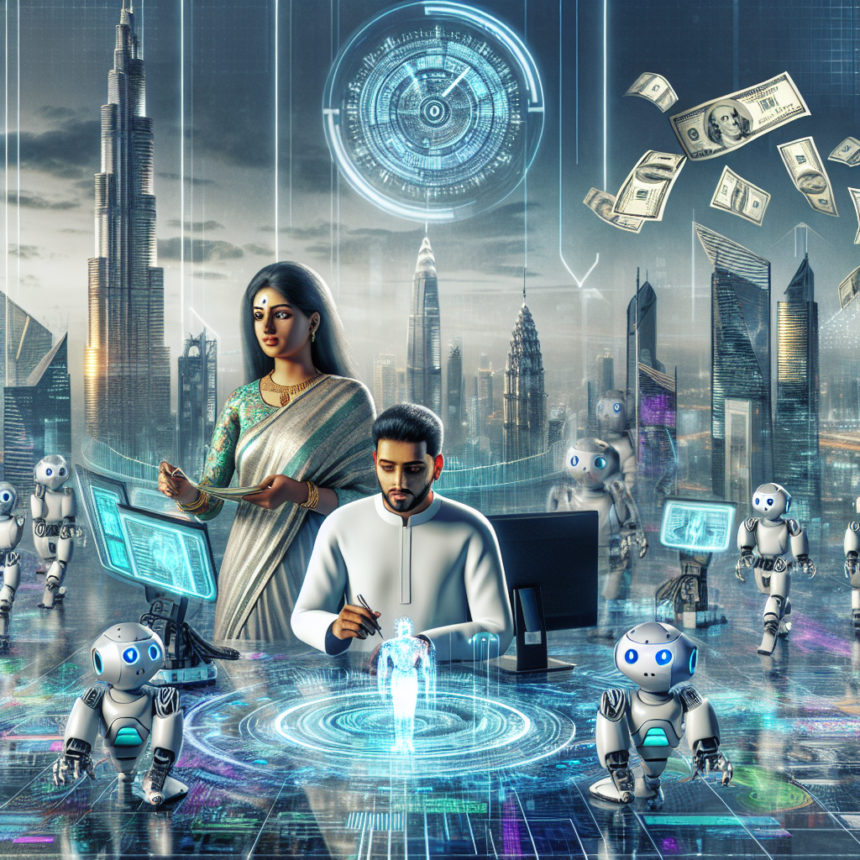 En mand og en kvinde arbejder med futuristiske holografiske skærme i en højteknologisk by, omgivet af robotter, svævende dollarsedler og digitale data, der blander teknologi, finans og tradition. - Kunstig intelligens AI