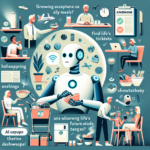 En venlig robot interagerer med forskellige mennesker i dagligdags situationer, herunder indkøb, spisning, arbejde og brug af teknologi, omgivet af symboler på det moderne liv og delvist rodet tekst om AI og livets forandringer. - Kunstig intelligens AI
