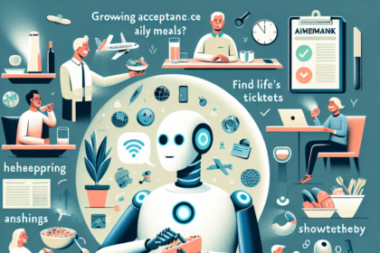 En venlig robot interagerer med forskellige mennesker i dagligdags situationer, herunder indkøb, spisning, arbejde og brug af teknologi, omgivet af symboler på det moderne liv og delvist rodet tekst om AI og livets forandringer. - Kunstig intelligens AI