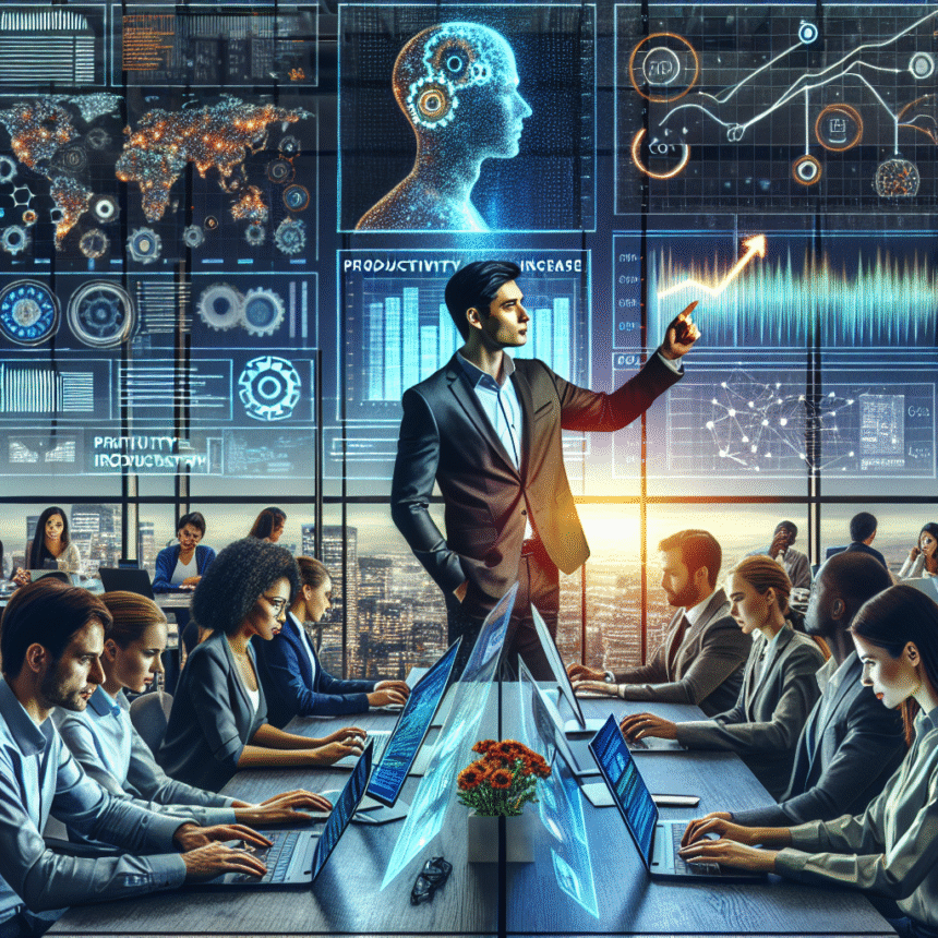 Et forretningsteam arbejder på bærbare computere omkring et bord, mens en mand står og peger på digitale skærme, der viser diagrammer, en hjernegrafik og produktivitetsdata i et moderne, højteknologisk kontor med store vinduer. - Kunstig intelligens AI