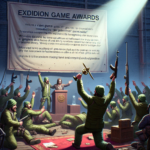 En jublende gruppe soldater i grønne uniformer jubler og hæver deres våben, mens en kvinde på et podium overrækker priser under et stort EXIDION GAME AWARDS-banner. Papirkonfetti flyder på gulvet; spændingen fylder den overfyldte sal. - Kunstig intelligens AI