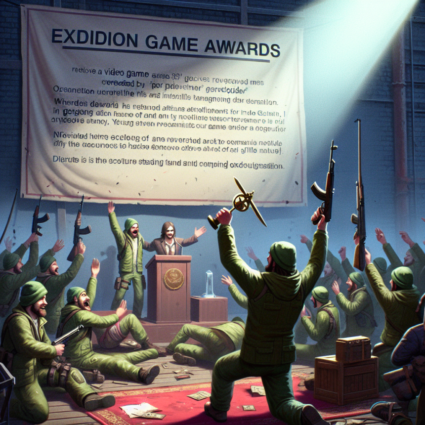 En jublende gruppe soldater i grønne uniformer jubler og hæver deres våben, mens en kvinde på et podium overrækker priser under et stort EXIDION GAME AWARDS-banner. Papirkonfetti flyder på gulvet; spændingen fylder den overfyldte sal. - Kunstig intelligens AI