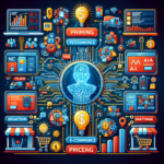 En digital illustration af et centralt AI-hoved forbundet med farverige ikoner og elementer, der repræsenterer AI inden for e-handel, prissætning, performance og segmentering, omgivet af diagrammer, indkøbsvogne og finansielle symboler. - Kunstig intelligens AI