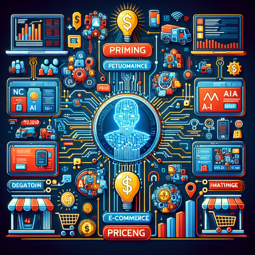 En digital illustration af et centralt AI-hoved forbundet med farverige ikoner og elementer, der repræsenterer AI inden for e-handel, prissætning, performance og segmentering, omgivet af diagrammer, indkøbsvogne og finansielle symboler. - Kunstig intelligens AI