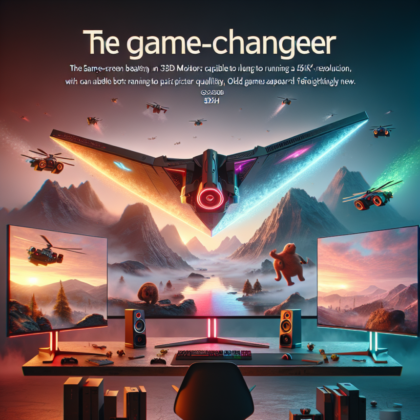Et futuristisk gaming-setup med tre skærme, et tastatur, en mus og højttalere står på et skrivebord. Ovenover flyver et elegant rumskib over et levende bjerglandskab med robotter og væsener i billedet. Teksten lyder The game-changer. - Kunstig intelligens AI