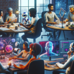 To grupper arbejder på et moderne kontor: Den ene diskuterer papirer, og en robot står i nærheden, mens den anden interagerer med futuristisk teknologi, herunder skærme, der viser digitale avatarer og robotter, hvilket tyder på avanceret AI-samarbejde. - Kunstig intelligens AI