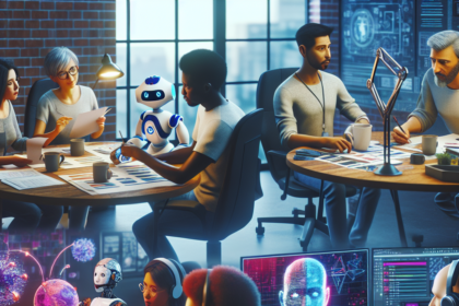 To grupper arbejder på et moderne kontor: Den ene diskuterer papirer, og en robot står i nærheden, mens den anden interagerer med futuristisk teknologi, herunder skærme, der viser digitale avatarer og robotter, hvilket tyder på avanceret AI-samarbejde. - Kunstig intelligens AI