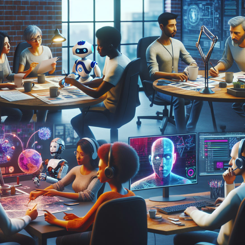 To grupper arbejder på et moderne kontor: Den ene diskuterer papirer, og en robot står i nærheden, mens den anden interagerer med futuristisk teknologi, herunder skærme, der viser digitale avatarer og robotter, hvilket tyder på avanceret AI-samarbejde. - Kunstig intelligens AI