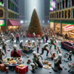 En travl bygade pyntet op til jul med et stort juletræ i midten. Snesevis af zombielignende figurer vandrer rundt, nogle spiser fastfood ved borde, mens der er festlige lys og restauranter i baggrunden. - Kunstig intelligens AI