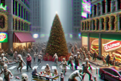 En travl bygade pyntet op til jul med et stort juletræ i midten. Snesevis af zombielignende figurer vandrer rundt, nogle spiser fastfood ved borde, mens der er festlige lys og restauranter i baggrunden. - Kunstig intelligens AI