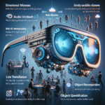 Futuristiske smartbriller omgivet af digitale ikoner og tekst, der illustrerer funktioner som live-oversættelse, lyd, objektgenkendelse og støjreduktion, med silhuetter af mennesker, der interagerer i baggrunden. - Kunstig intelligens AI