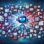 Et stiliseret robothoved er omgivet af forgrenede linjer, der forbinder sig med ikoner af bøger, nyheder, grafer og digitale medier og symboliserer kunstig intelligens, der interagerer med forskellige online informationskilder. - Kunstig intelligens AI