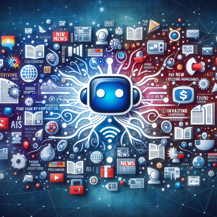 Et stiliseret robothoved er omgivet af forgrenede linjer, der forbinder sig med ikoner af bøger, nyheder, grafer og digitale medier og symboliserer kunstig intelligens, der interagerer med forskellige online informationskilder. - Kunstig intelligens AI