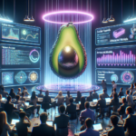 Et futuristisk konferencelokale med mennesker, der sidder og ser på en stor holografisk avocado omgivet af lysende datatabeller, grafer og digitale skærme, hvilket tyder på en højteknologisk præsentation om avocadoer. - Kunstig intelligens AI